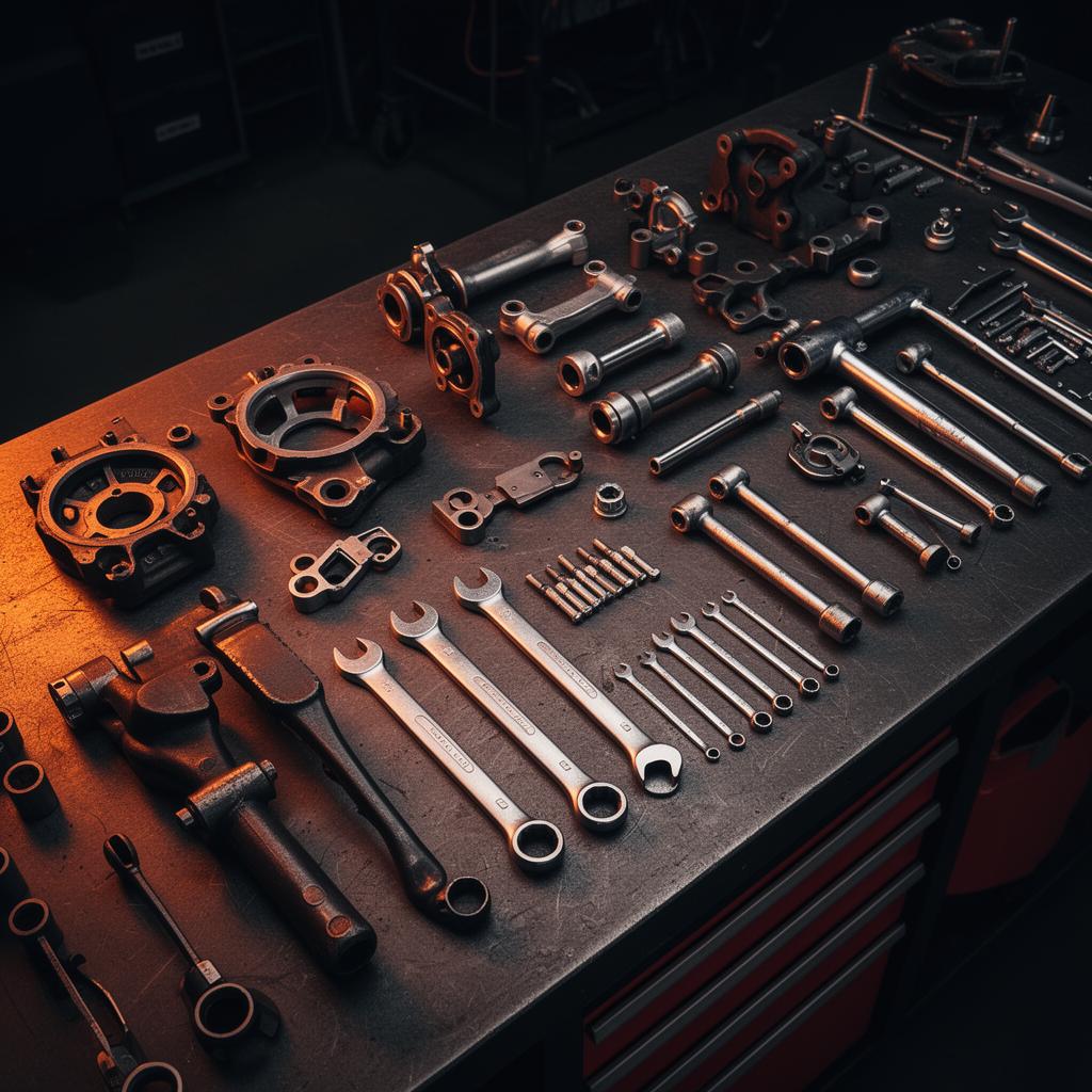 Peças e ferramentas organizadas em bancada